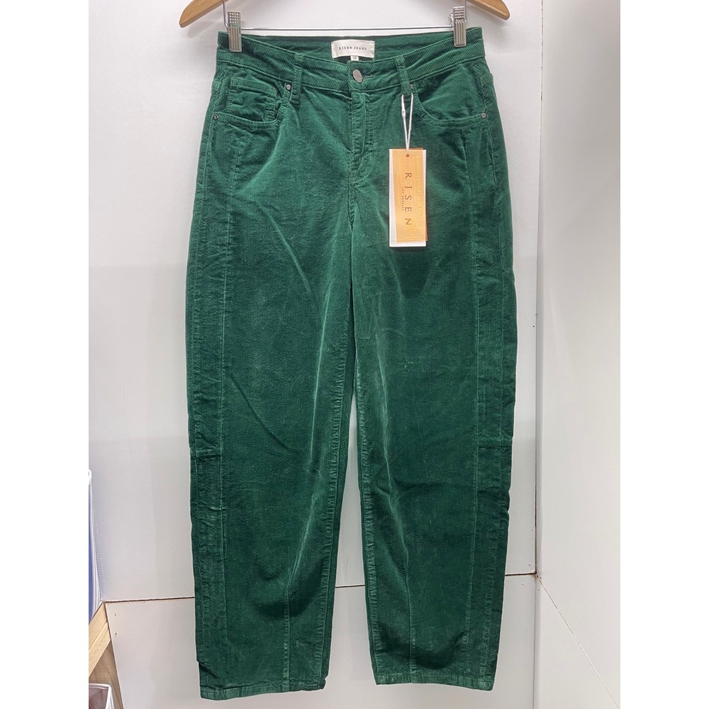 Risen Jeans Green Corduroy Straight Leg Pants High Rise Seam Detail Size 1/25